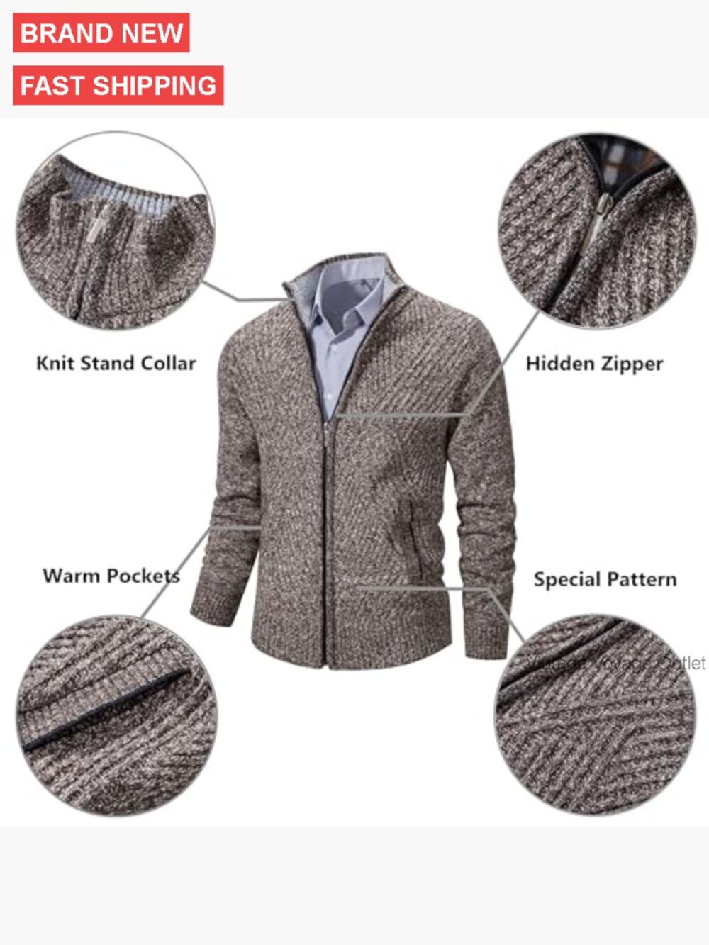 Men's Full Zip Cardigan Sweater Stand Collar Knitted Fleece Lined Pockets - Picture 2 of 7